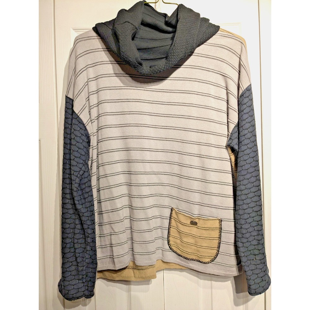 Margaret Winters Sweater‎ Womens XL Gray Tan Cowl Neck Striped Reversible USA